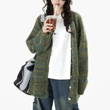 DERMEARNE Y2k Harajuku Vintage Cardigan Single Breasted Striped V Neck Autumn Winter Sweaters Knit Coat American Streetwear Women Clothing