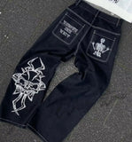 DERMEARNE Y2k Men Retro Harajuku Clothing 2025 New Baggy Casual Wide Leg Jeans Hip Hop Print Jeans Trend Fashion Black High waist Jean