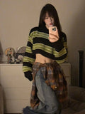 DERMEARNE Y2k Sexy Girl Cropped Sweater Women Thin Loose Striped Pullover Korean Fashion Harajuku Streetwear Vintage Jumper Fairy Sueter