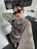 DERMEARNE Y2k Vintage Knitted Sweaters High Collar Half Zipper Pullover Women Japanese Printed Jumpers Knitwear Autumn All Match Pullovers
