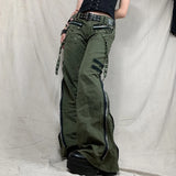 DERMEARNE Y2k Women Green Zipper Jeans Grunge Punk Gothic Baggy Retro Bandage Long Pants Low Rise Cargo Korean Female Sweatpants