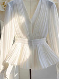 DERMEARNE Youth Elegant Pleated White Long Sleeve Button Up Shirt Women V Neck Ruffle Tunic Basic Blouse Chiffon Lady Office Casual