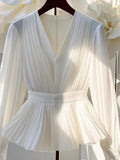 DERMEARNE Youth Elegant Pleated White Long Sleeve Button Up Shirt Women V Neck Ruffle Tunic Basic Blouse Chiffon Lady Office Casual