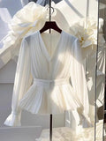 DERMEARNE Youth Elegant Pleated White Long Sleeve Button Up Shirt Women V Neck Ruffle Tunic Basic Blouse Chiffon Lady Office Casual