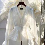 DERMEARNE Youth Elegant Pleated White Long Sleeve Button Up Shirt Women V Neck Ruffle Tunic Basic Blouse Chiffon Lady Office Casual