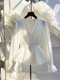 DERMEARNE Youth Elegant Pleated White Long Sleeve Button Up Shirt Women V Neck Ruffle Tunic Basic Blouse Chiffon Lady Office Casual