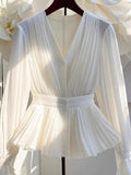 DERMEARNE Youth Elegant Pleated White Long Sleeve Button Up Shirt Women V Neck Ruffle Tunic Basic Blouse Chiffon Lady Office Casual