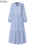 DERMEARNE ZANZEA V Neck Puff Sleeve Midi Dress Holiday Loose Casual 2024 Fall Women A-line Vestidos Striped Vacation Tiered Long Dresses