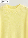 DERMEARNE Zevity Women Fashion O Neck Ranglan Sleeve Yellow Color Knitting Vest Sweater Female Chic Basic Pullovers Tops SW6296