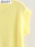 DERMEARNE Zevity Women Fashion O Neck Ranglan Sleeve Yellow Color Knitting Vest Sweater Female Chic Basic Pullovers Tops SW6296