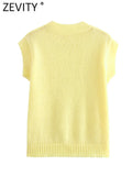 DERMEARNE Zevity Women Fashion O Neck Ranglan Sleeve Yellow Color Knitting Vest Sweater Female Chic Basic Pullovers Tops SW6296