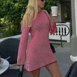 DERMEARNE hirigin Striped Knit Mini Dress For Women Autumn Winter New O Neck Long Sleeve Contrast Color High Waist Beach Sexy Dress