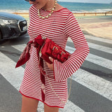 DERMEARNE hirigin Striped Knit Mini Dress For Women Autumn Winter New O Neck Long Sleeve Contrast Color High Waist Beach Sexy Dress