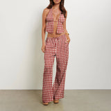 DERMEARNE hirigin Women Summer Pants Outfits Stripe Tie-Up Halter Neck Backless Sleeveless Tank Tops Wide-Leg Pants 2 Pieces Clothes Set