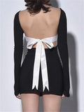 DERMEARNE wsevypo Vintage Backless Bowknot Black Bodycon Dress Women's Autumn Long Sleeve O Neck Wrap Mini Sheath Dress Street Party
