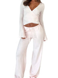 DERMEARNE wsevypo Women 2-piece Tops Pants Sets Solid Color Long Sleeve Waist Tied Cropped T-shirt and Elastic Waist Pants Loungewear Set