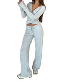 DERMEARNE wsevypo Women 2-piece Tops Pants Sets Solid Color Long Sleeve Waist Tied Cropped T-shirt and Elastic Waist Pants Loungewear Set