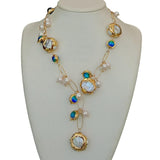 Dermearne Blue Murano Glass  Freshwater Cultured White Keshi Pearl Gold Filled Chain Necklace 21"