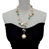Dermearne Blue Murano Glass  Freshwater Cultured White Keshi Pearl Gold Filled Chain Necklace 21