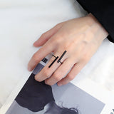 Dermearne Fashion Simple Style Long strip Geometric Open Ring For Women Girl Black Silver Color Adjust Finger jewelry Birthday Gifts