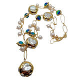 Dermearne Blue Murano Glass  Freshwater Cultured White Keshi Pearl Gold Filled Chain Necklace 21"