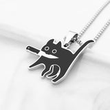 Dermearne  Fashion Knife Cat Necklace For Women Men Titanium Steel Kpop Funny Black Cat Pendant Sweater Chain Jewelry New Party Gift