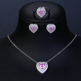 Dermearne Romantic Love Heart Design Jewelry Sets For Women Pink Zircon Pendant Necklace Earring Ring Valentine Surprize Gift