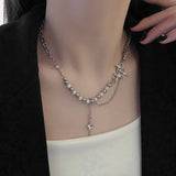 Dermearne Kpop Zircon Cross Star Beaded Necklace Men Unisex Hiphop Imitation Pearl Star Pendant Necklaces Y2K Geometric Tassel Necklace