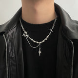 Dermearne Kpop Zircon Cross Star Beaded Necklace Men Unisex Hiphop Imitation Pearl Star Pendant Necklaces Y2K Geometric Tassel Necklace